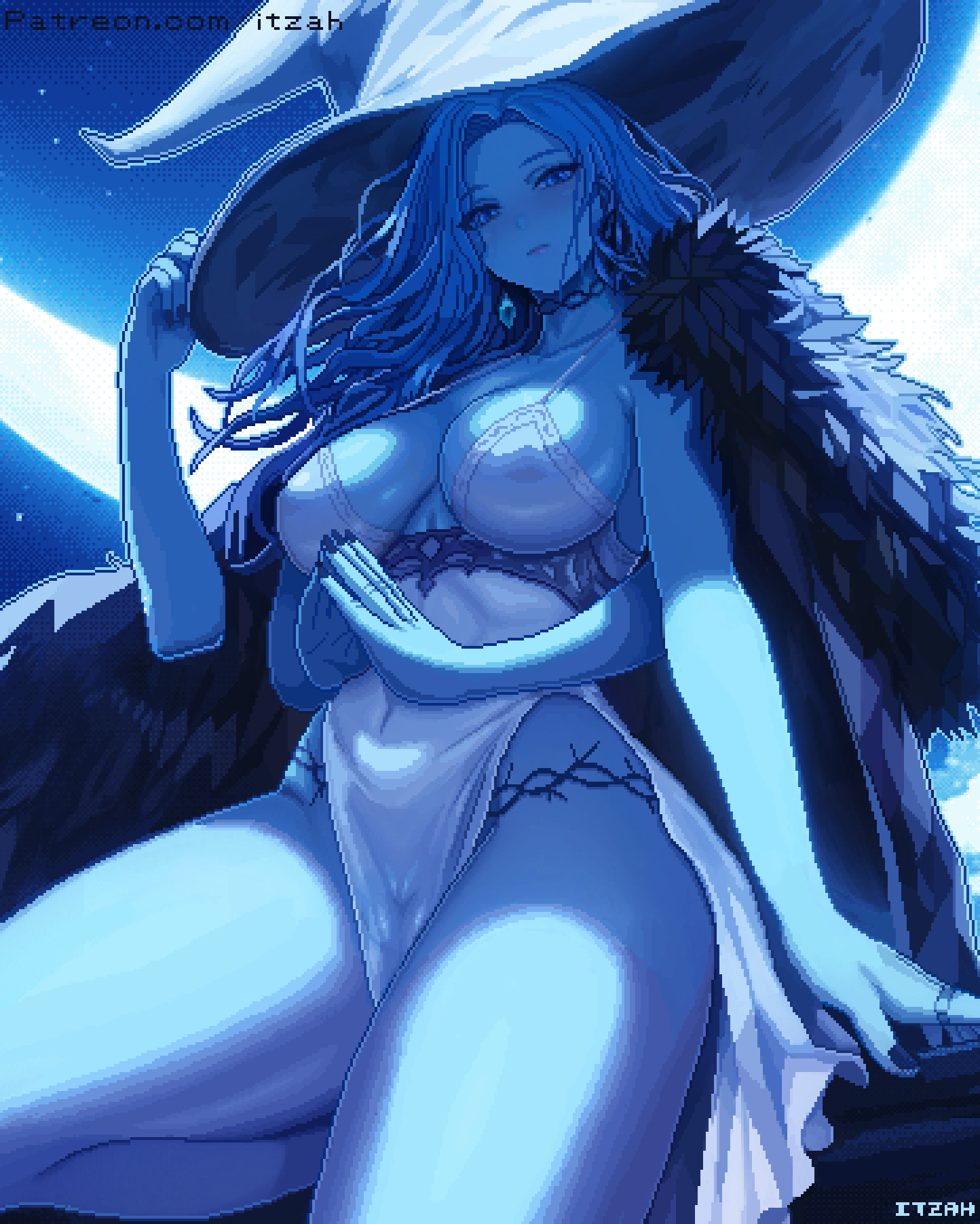 1girl arm_support bikini blue_hair blue_nails blue_skin breasts cleavage colored_skin commentary_request dress elden_ring extra_arms hat highres itzah large_breasts large_hat long_hair moon nightgown own_hands_together pixel_art ranni_the_witch solo swimsuit thighs white_dress witch witch_hat