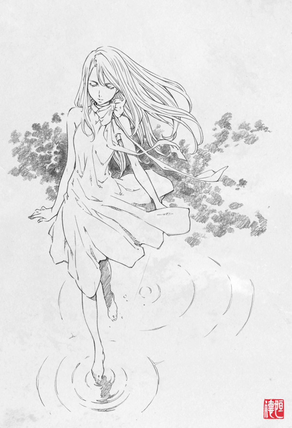 00s 1girl barefoot closed_eyes dress female_focus graphite_(medium) greyscale long_hair mishima_reika monochrome neck_ribbon rahxephon ribbon ripples saito_tsunenori solo traditional_media wind xi-tsune