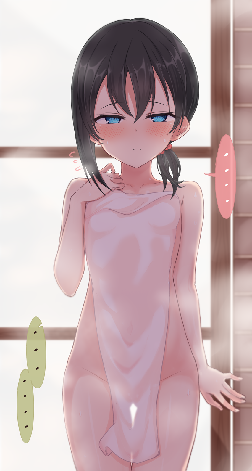 ... 1girl black_hair blue_eyes blush breasts collarbone commentary_request covering_privates cowboy_shot flying_sweatdrops highres layla_(mino) medium_hair nonono_mino nude_cover open_mouth original paid_reward_available ponytail small_breasts solo speech_bubble spoken_ellipsis thigh_gap