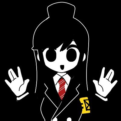 1girl :d armband black_eyes black_hair black_suit blending channel_(caststation) diagonal-striped_clothes diagonal-striped_necktie formal_clothes gloves long_hair lowres monochrome necktie open_hands open_mouth original outline profile_picture red_necktie shirt smile solid_circle_pupils spot_color striped_clothes suit white_gloves white_outline white_shirt yellow_armband