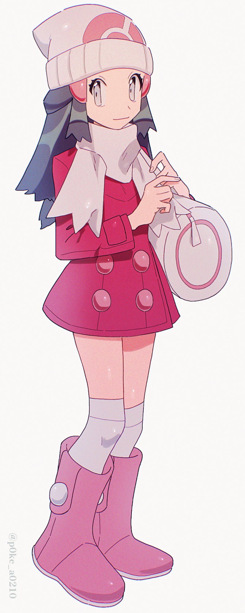 1girl beanie black_hair boots closed_mouth coat creatures_(company) dawn_(pokemon) film_grain full_body game_freak hair_ornament half_updo hat highres kneehighs long_hair long_sleeves nintendo p0ke_a0210 pink_footwear pokemon pokemon_dppt pokemon_platinum red_coat simple_background smile socks solo twitter_username white_background white_bag white_eyes white_hat white_socks