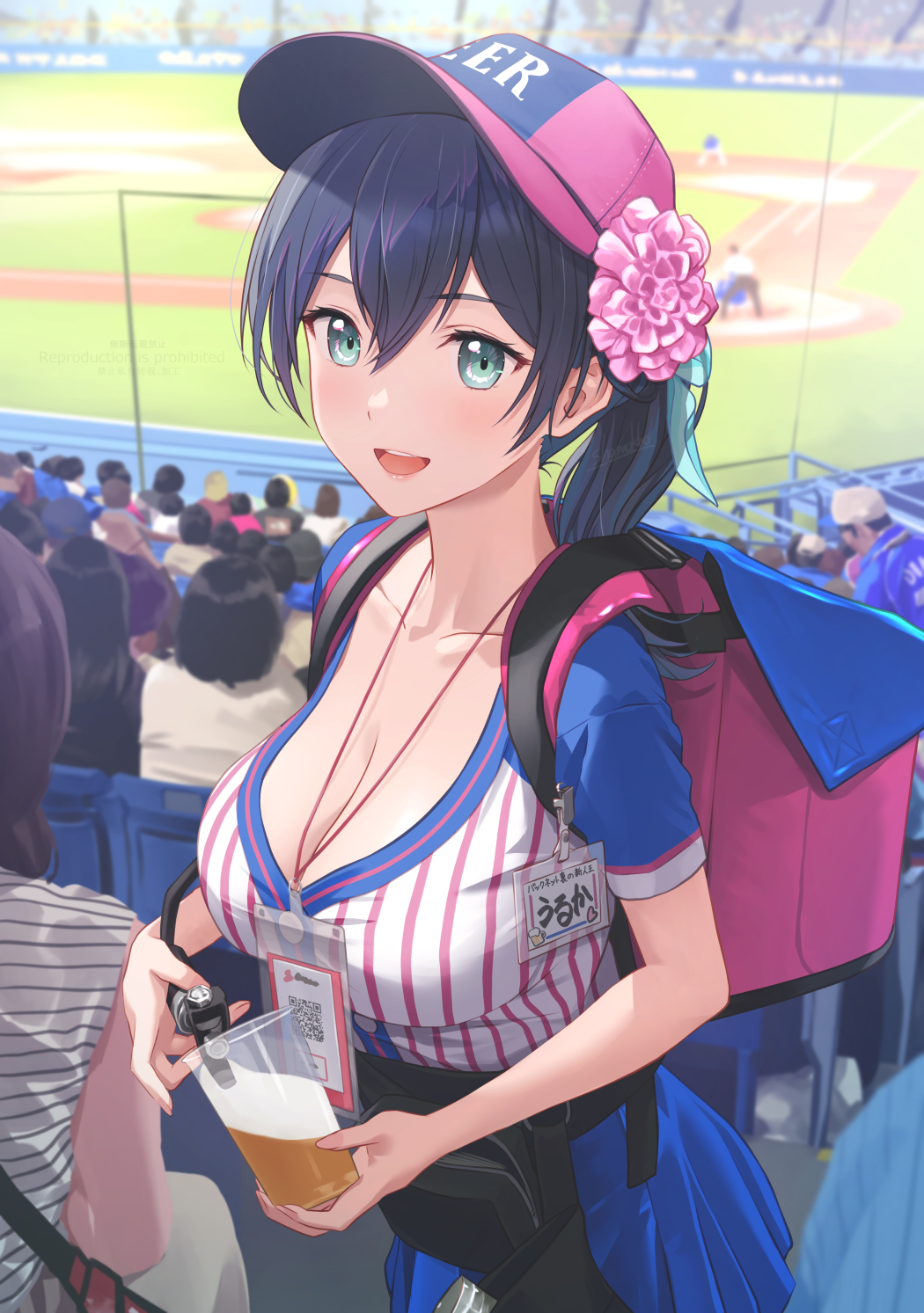 1girl aqua_eyes backpack bag baseball_cap black_hair blue_shirt breasts cleavage commentary_request cup hat highres holding holding_cup lanyard large_breasts open_mouth original peaked_cap people shamakho shirt short_sleeves smile solo_focus striped_clothes striped_shirt teeth two-tone_shirt upper_body upper_teeth_only uruka_(kenzen_kanojo_uruka-chan) vertical-striped_clothes vertical-striped_shirt white_shirt