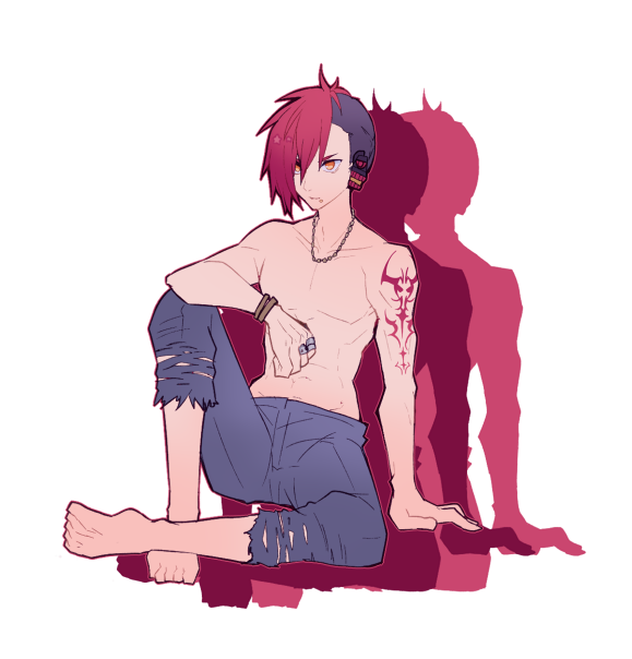 1bitheart 1boy arm_tattoo black_hair blue_pants bracelet full_body headphones jewelry kujoh_ryuuri male_focus miwasiba mohawk muscular muscular_male necklace official_art pants red_hair ring solo tattoo topless_male torn_clothes torn_pants transparent_background yellow_eyes