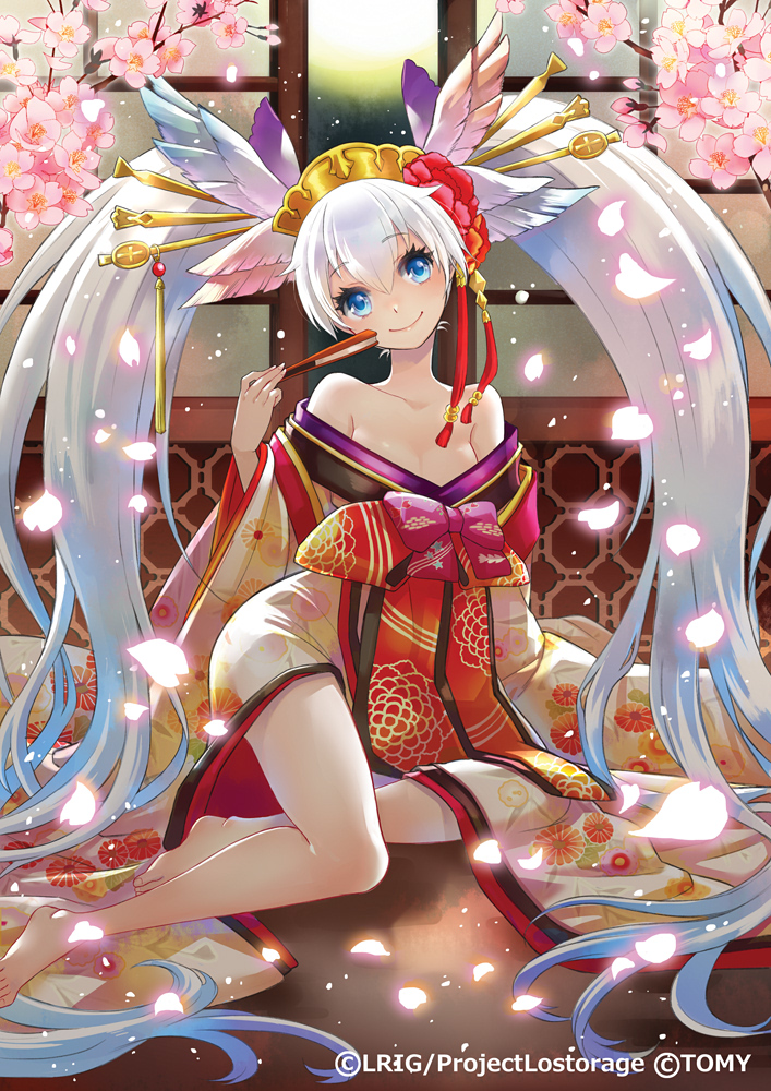 10s 1girl bare_shoulders barefoot breasts character_request cherry_blossoms cleavage copyright_name female_focus floral_print flower folded_fan folding_fan full_body hair_flower hair_ornament hair_stick hand_fan hands_up head_tilt head_wings headpiece japanese_clothes long_hair official_art petals ren-co sitting small_breasts smile solo twintails very_long_hair white_hair wide_sleeves wings wixoss