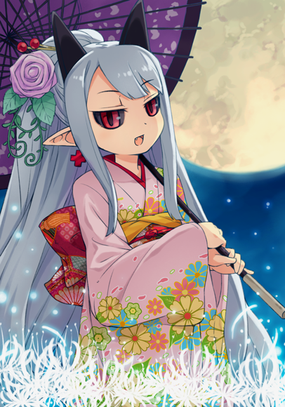 1girl albino alternate_hairstyle black_sclera colored_sclera earrings female_focus full_moon grey_hair horns japanese_clothes jewelry kimono long_hair mizuno_mumomo moon oil-paper_umbrella phantom_kingdom pointy_ears ponytail pram_(phantom_kingdom) red_eyes smile solo umbrella