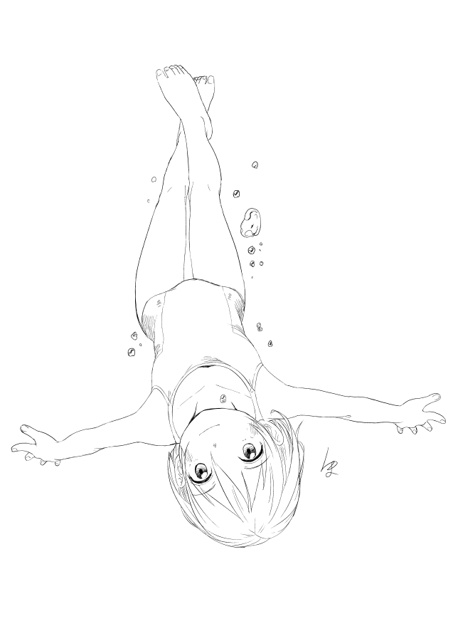 1girl barefoot feet female_focus looking_at_viewer monochrome one-piece_swimsuit original outstretched_arms satsuyo short_hair smile solo spread_arms swimsuit toes underwater upside-down