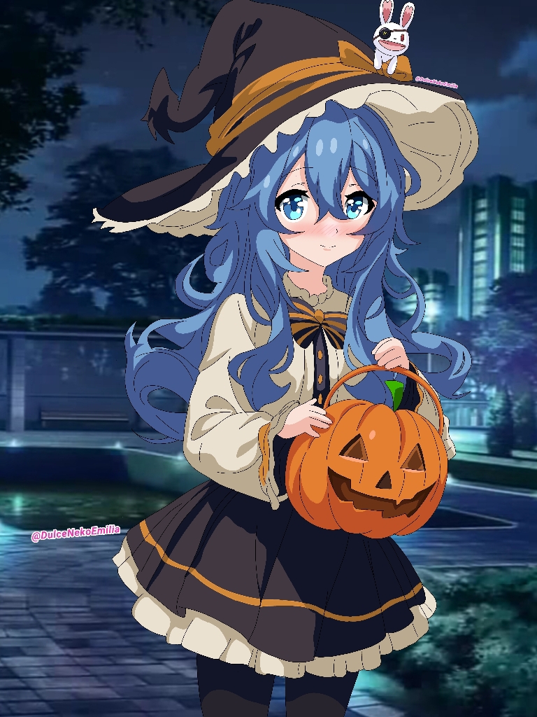 1girl blue_eyes blue_hair blush date_a_live dulcenekoemilia hat himekawa_yoshino long_hair looking_at_viewer night pumpkin road socks solo street witch witch_hat yoshinon