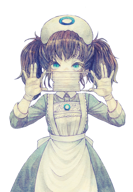 1girl apron blue_eyes dress female_focus gloves hantoumei_namako holding holding_mask looking_at_viewer mask nurse original simple_background solo twintails white_background