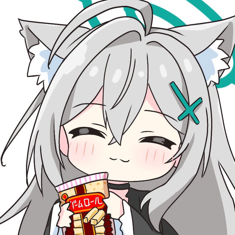 1girl :3 ^_^ ahoge animal_ear_fluff animal_ears baumkuchen black_choker black_dress blue_archive blush choker closed_eyes closed_mouth commentary_request dress facing_viewer food grey_hair hair_between_eyes hair_ornament hairclip halo holding holding_food kotatsu-mazoku long_hair long_sleeves portrait shiroko_(blue_archive) shiroko_terror_(blue_archive) simple_background smile solo white_background wide_sleeves wolf_ears