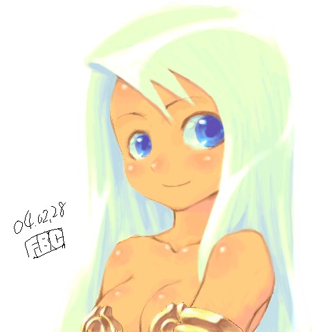 1girl 2004 alchemist_(ragnarok_online) artist_name bare_shoulders blue_eyes breasts cleavage closed_mouth collarbone commentary_request dated fbc green_hair long_hair lowres medium_breasts ragnarok_online sideways_glance simple_background smile solo upper_body white_background