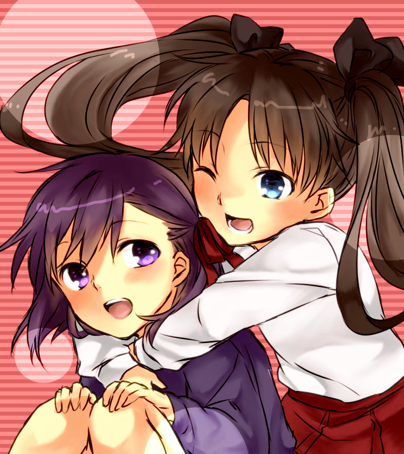 2girls aged_down bad_id bad_pixiv_id blue_eyes brown_hair child dress fate/zero fate_(series) gomi_yashiki hair_ribbon hug long_hair matou_sakura matou_sakura_(fate/zero) multiple_girls njigen_hairitai one_eye_closed purple_eyes ribbon siblings sisters tohsaka_rin tohsaka_rin_(fate/zero) twintails wink