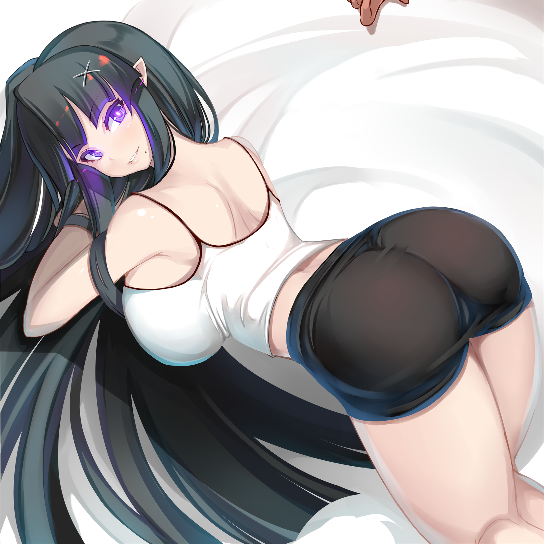 shiki (psychedelic g2), myusca (succubus prison), succubus prison, highres,  1girl, ass, bed sheet, black hair, blush, breasts, camisole, glowing,  glowing eyes, hair ornament, large breasts, long hair, looking at viewer,  looking back,