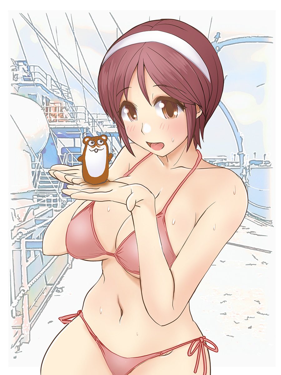 1girl bikini bokukawauso breasts brown_eyes brown_hair commentary_request cowboy_shot hairband highres kantai_collection large_breasts mushi_mushi_ex natori_(kancolle) otter red_bikini short_hair side-tie_bikini_bottom simple_background swimsuit white_background white_hairband