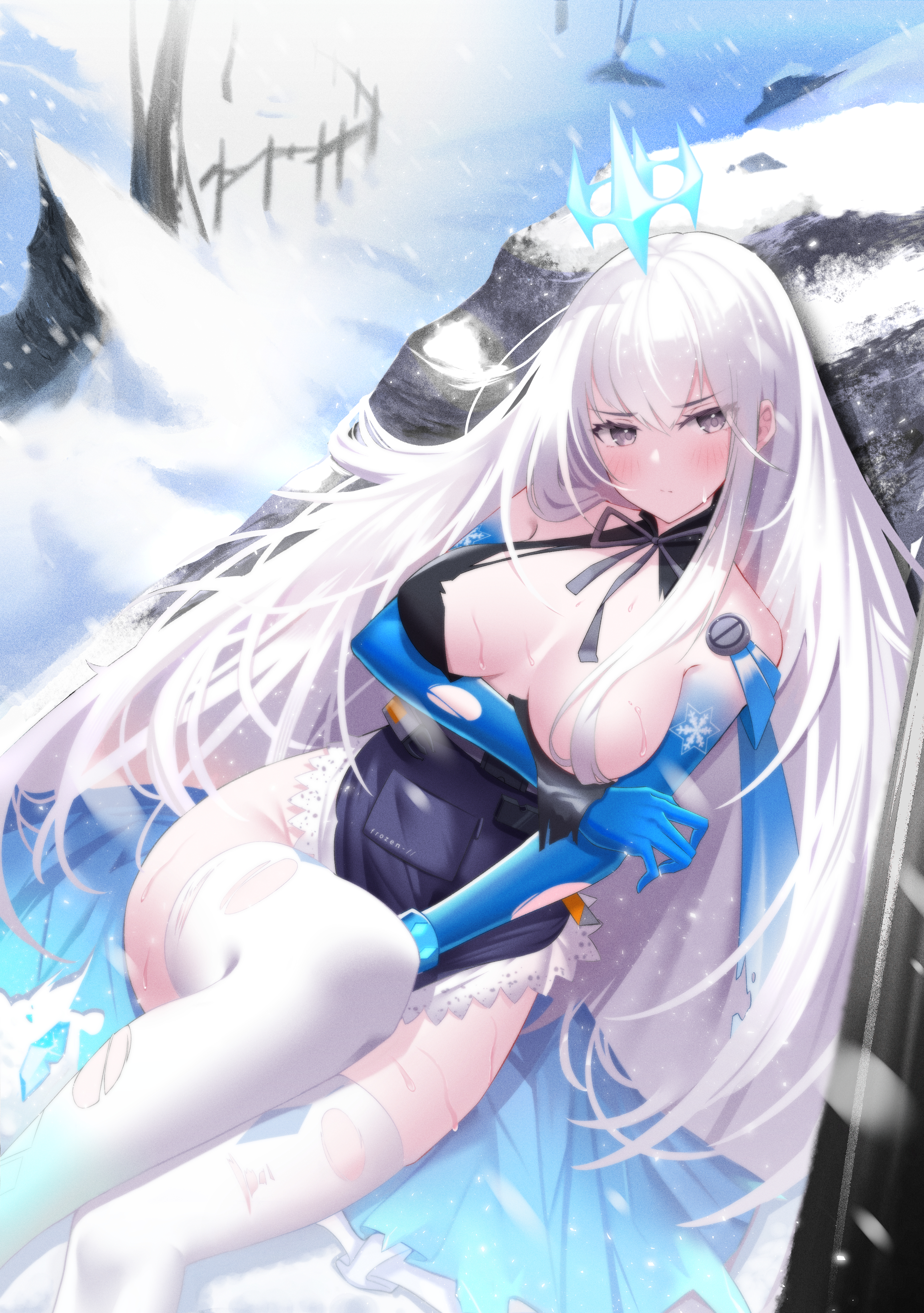 otakummm, tower of fantasy, pouty lips, absurdres, highres, 1girl, arm  under breasts, bare shoulders, blush, breasts, breasts apart, cape, closed  mouth, dress, elbow gloves, frills, gloves, grey eyes, hair between eyes,  halo,