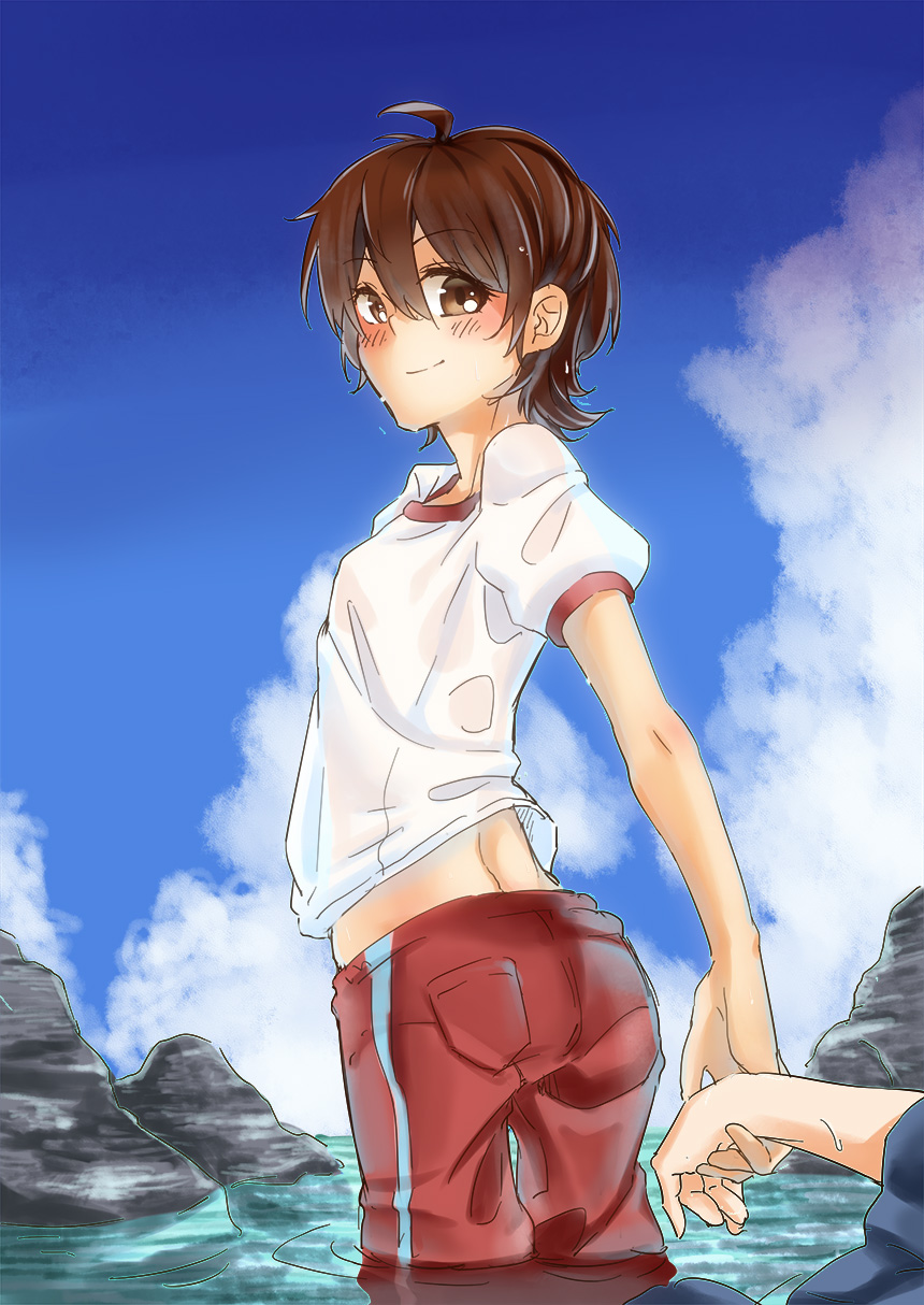 1girl barakamon beach blush breasts brown_hair day gym_uniform holding_hands handa_seishuu highres japanese_clothes jinbei_(clothes) looking_back outdoors pants rock short_hair small_breasts smile toriol_3 track_pants wading water wet yamamura_miwa