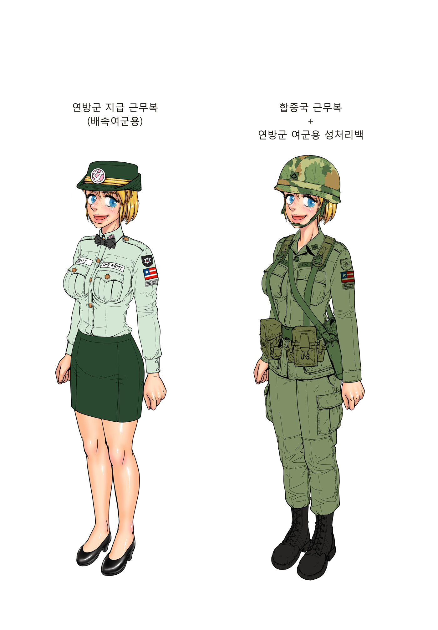 Gogocherry Highres Blonde Hair Blue Eyes Female Soldier Korean Text Soldier Uniform