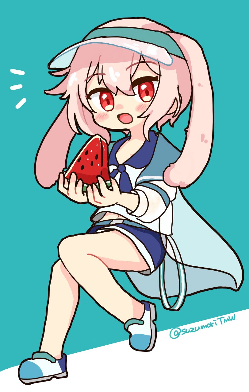 1boy animal_ears ansel_(arknights) ansel_(casual_vacation)_(arknights) arknights food fruit highres holding holding_food male_focus official_alternate_costume one-hour_drawing_challenge pink_hair rabbit_boy rabbit_ears short_hair solo suzumori_(suzumoritmw) visor_cap watermelon watermelon_slice