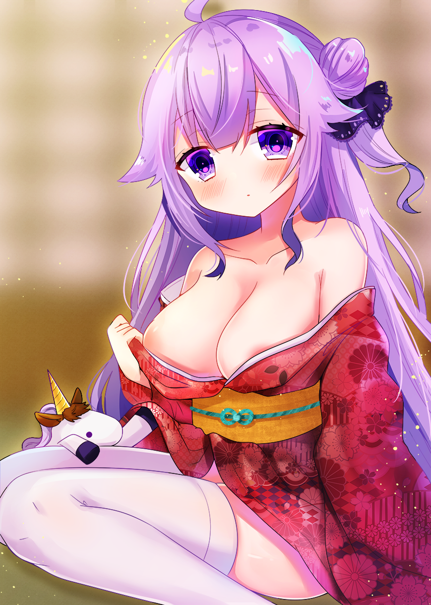 1girl :o alternate_breast_size azur_lane bad_id bad_pixiv_id bare_shoulders black_ribbon blurry blurry_background blush breasts collarbone commentary_request depth_of_field floral_print hair_bun hair_flaps hair_ribbon head_tilt highres hinanosuke japanese_clothes kimono kimono_pull large_breasts long_hair looking_at_viewer obi one_side_up parted_lips print_kimono pulling_own_clothes purple_eyes purple_hair red_kimono ribbon sash side_bun sidelocks single_hair_bun single_side_bun sitting solo stuffed_animal stuffed_toy stuffed_unicorn thighhighs unicorn_(azur_lane) very_long_hair white_thighhighs