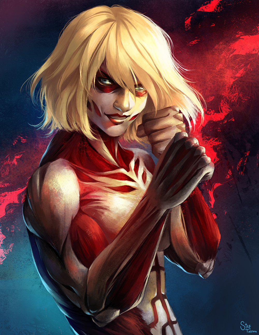 1girl blonde_hair blue_eyes exposed_muscle female_focus female_titan fighting_stance highres shingeki_no_kyojin short_hair smile solo stef_tastan titan_(shingeki_no_kyojin)