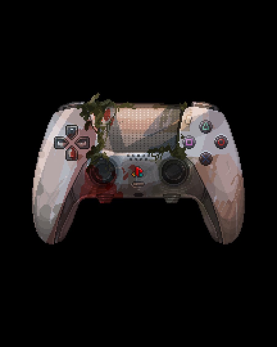 black_background commentary controller d-pad english_commentary fungi game_console game_controller joystick no_humans object_focus original pixel_art pixelianska playstation_2 playstation_controller simple_background