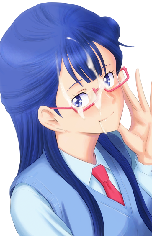 1girl blue_eyes blue_hair blue_shirt blue_vest bonnie_(rsg) closed_mouth collared_shirt cum cum_on_body cum_on_eyewear cum_on_hair facial female_focus glasses hugtto!_precure l&#039;avenir_academy_school_uniform long_hair long_sleeves necktie precure red-framed_eyewear red_necktie school_uniform shirt simple_background smile solo upper_body vest white_background wing_collar yakushiji_saaya