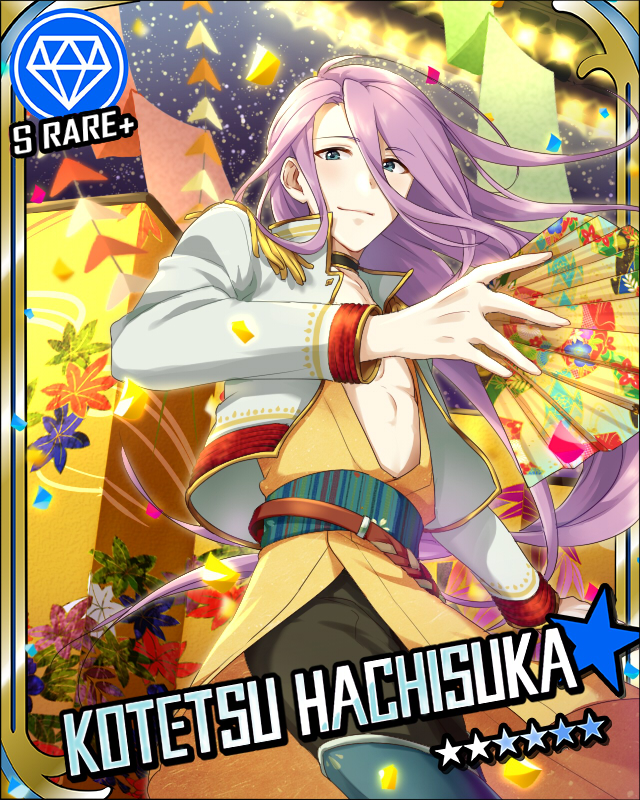 10s 1boy bad_id bad_pixiv_id blue_eyes card_(medium) card_parody character_name cinderella_girls_card_parody hand_fan folding_fan hachisuka_kotetsu hako_(gyhujikolp) hako_(pixiv267059) jacket japanese_clothes male_focus open_clothes purple_hair smile solo touken_ranbu