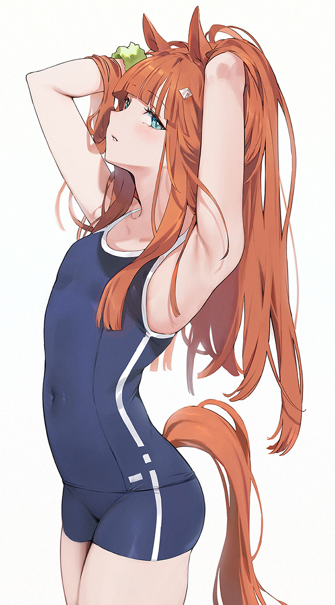 1girl animal_ears armpits blue_eyes blue_one-piece_swimsuit commentary_request covered_navel emyo hair_ornament highres horse_ears horse_girl horse_tail long_hair looking_at_viewer one-piece_swimsuit orange_hair parted_lips silence_suzuka_(umamusume) solo swimsuit tail umamusume white_background