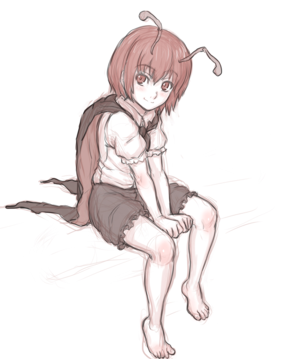 1girl antennae barefoot cape female_focus highres kuro_suto_sukii short_hair shorts sitting sketch skirt smile solo toes touhou wriggle_nightbug