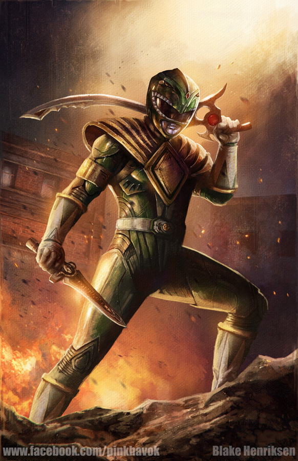 1boy alternate_costume armor belt belt_buckle bodysuit buckle commentary dagger dual_wielding english_commentary fighting_stance fire gloves gold_armor green_bodysuit green_ranger helmet holding holding_dagger holding_knife holding_sword holding_weapon knife male_focus mighty_morphin_power_rangers pinkhavok power_rangers solo sword tommy_oliver weapon