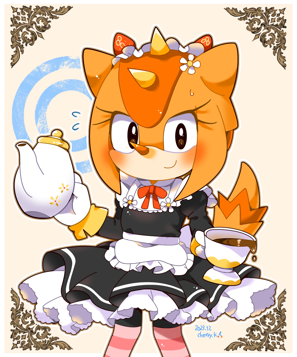 1girl alternate_costume animal_nose black_dress blush commentary_request dress enmaided food fruit furry furry_female gloves hairband highres holding holding_teapot kusunoki_cherry lizard_tail looking_at_viewer maid nose_horn red_ribbon reptile_girl ribbon smile solo sonic_(series) sonic_superstars sonic_the_hedgehog_(classic) spikes strawberry tail tea teapot trip_the_sungazer white_gloves