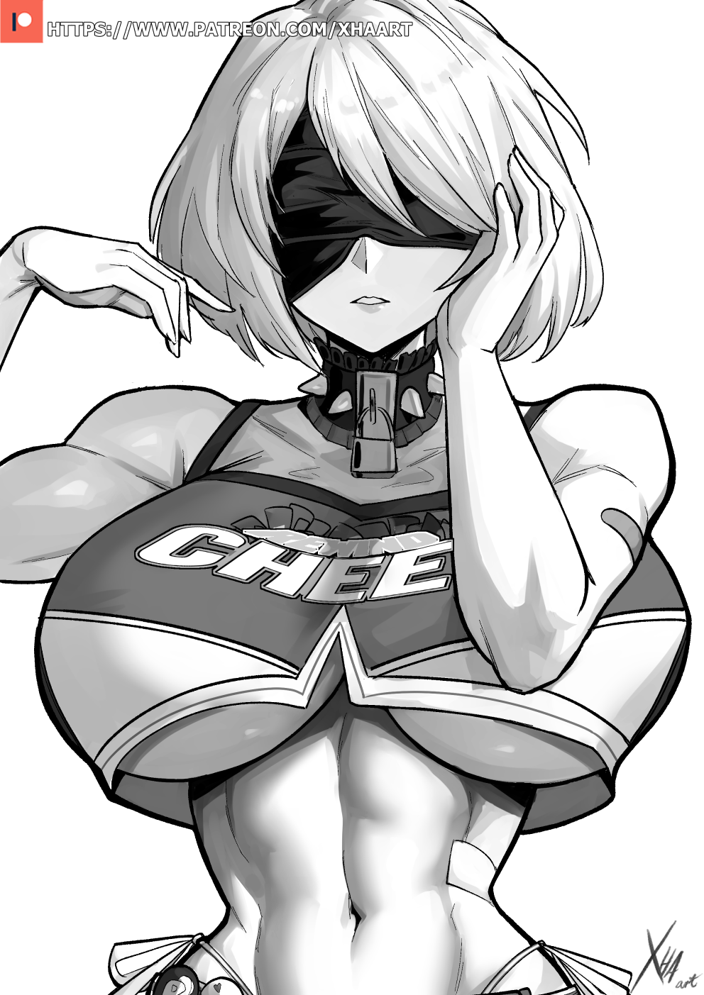 1girl 2b_(nier:automata) abs bandaid bandaid_on_arm bare_shoulders bay_(nikke) bay_(nikke)_(cosplay) blindfold breasts cheerleader collar cosplay crop_top frilled_collar frills goddess_of_victory:_nikke greyscale hand_on_own_cheek hand_on_own_face hand_up highres large_breasts lock monochrome muscular muscular_female navel nier:automata nier_(series) panties parted_lips patreon_username side-tie_panties signature sleeveless solo spiked_collar spikes underboob underwear upper_body xhaart