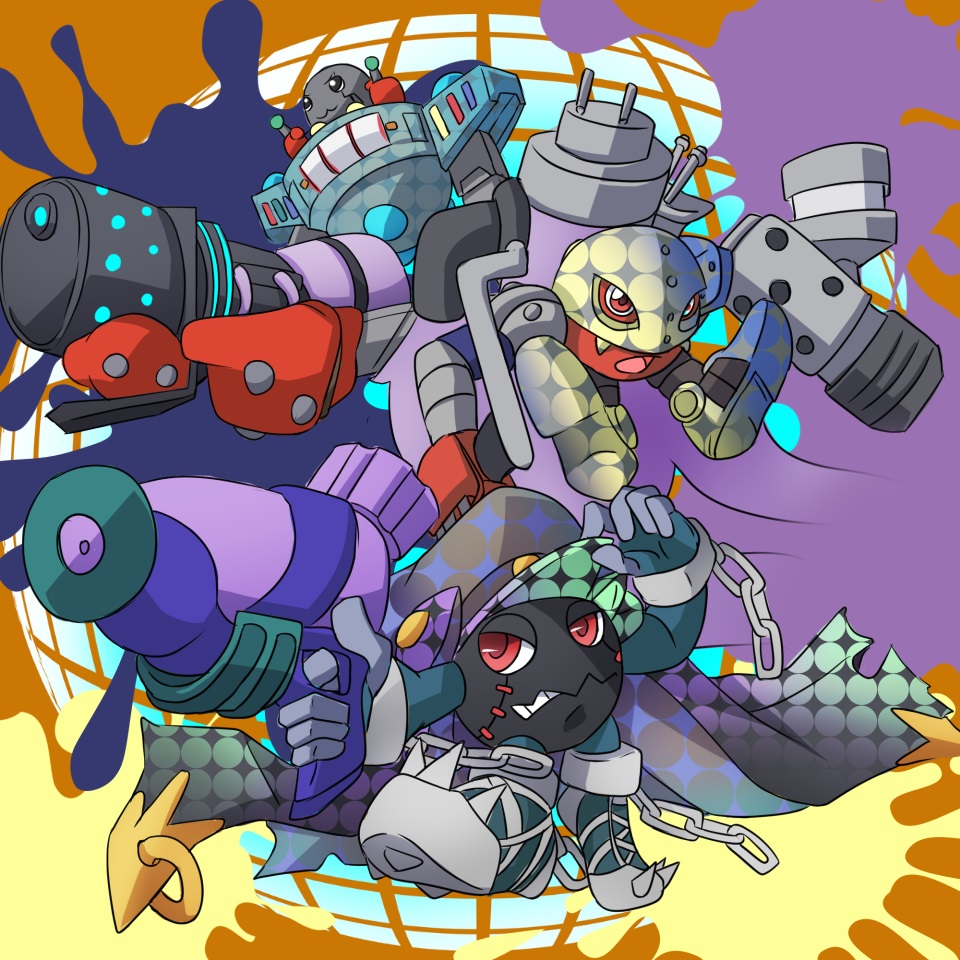 3boys armor banchomamemon banchou catchmamemon chain delinquent digimon metalmamemon multiple_boys red_eyes robot