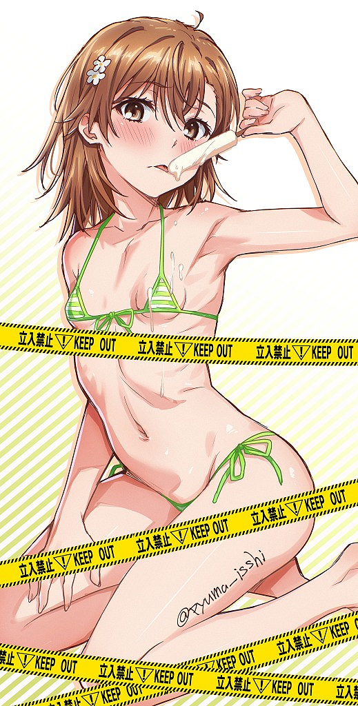 1girl bikini blush breasts brown_eyes brown_hair flower food hair_flower hair_ornament holding holding_food holding_popsicle isshi_pyuma kneeling looking_at_viewer medium_hair micro_bikini misaka_mikoto navel popsicle short_hair side-tie_bikini_bottom small_breasts solo striped_bikini striped_clothes swimsuit toaru_kagaku_no_railgun toaru_majutsu_no_index tongue tongue_out