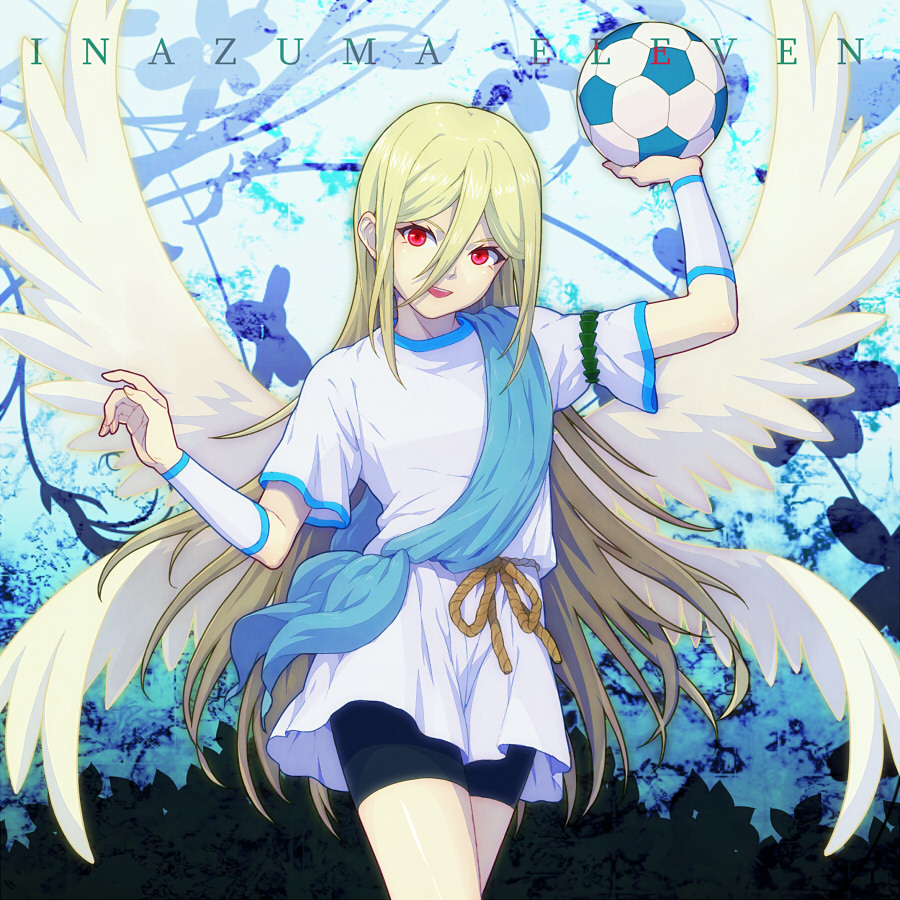 1boy afuro_terumi angel ball bike_shorts blonde_hair copyright_name inazuma_eleven inazuma_eleven_(series) long_hair male_focus open_mouth red_eyes smile soccer_ball solo telstar trap very_long_hair wings yukasummer zeus_(inazuma_eleven)