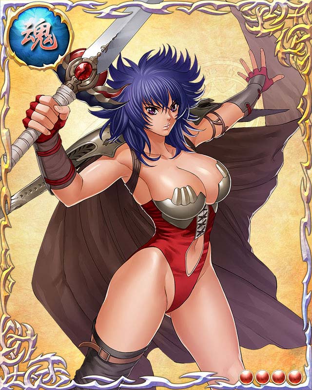 1girl armpits bastard!! blue_hair breasts cape card_(medium) cleavage female_focus fingerless_gloves gloves groin holding holding_sword holding_weapon kai_harn large_breasts legs leotard looking_at_viewer mobage navel purple_eyes serious short_hair shoulder_pads sideboob simple_background solo standing sword thighs wavy_hair weapon