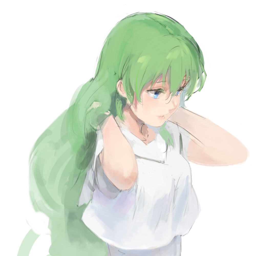 1girl alice_carroll aria_(manga) blouse blue_eyes collarbone green_hair hair_between_eyes hand_in_own_hair kuroko_(piii) long_hair parted_lips sailor_collar shirt short_sleeves simple_background sketch solo upper_body very_long_hair white_background white_sailor_collar white_shirt