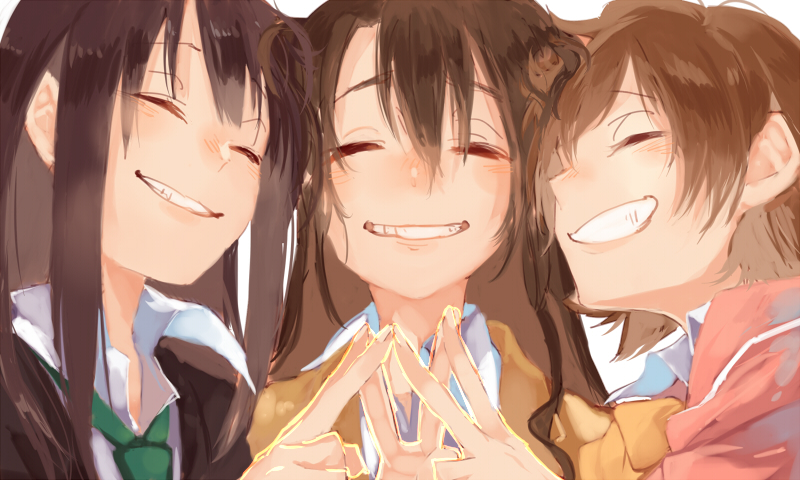 3girls ^_^ blush brown_hair closed_eyes commentary_request fingernails grin hamada_(super_tachioyogi_kyousou) honda_mio idolmaster idolmaster_cinderella_girls multiple_girls new_generations_(idolmaster) school_uniform shibuya_rin shimamura_uzuki simple_background smile upper_body white_background