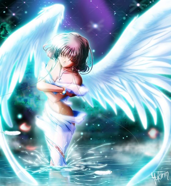 1girl airbrush amano_mishio angel brown_hair female_focus kanon night original short_hair signature solo water wings yukirin