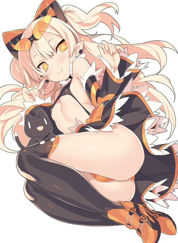 1girl animal ass bare_shoulders black_cat black_skirt black_sleeves black_thighhighs blade_(galaxist) blonde_hair boots cat closed_mouth commentary_request copyright_request detached_sleeves eyewear_on_head fingernails hair_between_eyes hands_up long_hair long_sleeves lying on_side orange_eyes orange_eyewear orange_footwear orange_panties panties simple_background skirt sleeves_past_wrists smile solo star-shaped_pupils star_(symbol) sunglasses symbol-shaped_pupils thighhighs two_side_up underwear very_long_hair white_background