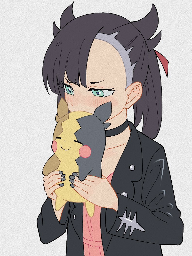 1girl aqua_eyes black_hair black_jacket black_nails blush choker creatures_(company) game_freak gen_8_pokemon holding holding_pokemon jacket marnie_(pokemon) morpeko morpeko_(full) nail_polish nintendo pokemon pokemon_(creature) pokemon_swsh smile tonmoh twintails