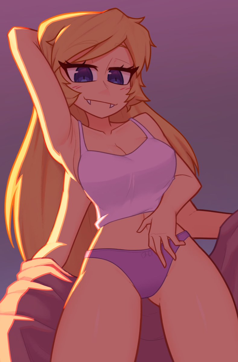 1girl arm_behind_head blanket blonde_hair blue_eyes blush breasts cleavage closed_mouth commentary crop_top english_commentary extra_arms fangs hand_on_own_stomach holding holding_blanket long_hair looking_at_viewer medium_breasts navel nelly_(xyronii) original panties purple_panties purple_shirt shirt sidelighting solo spaghetti_strap underwear xyronii