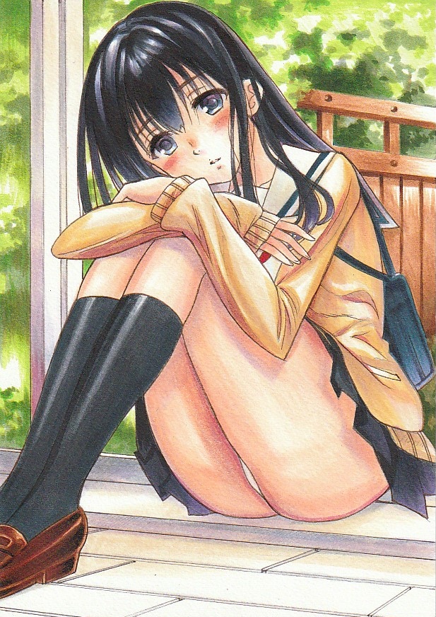 1girl black_eyes black_hair black_skirt black_socks blush brown_footwear hair_between_eyes hair_intakes kneehighs koe_no_katachi loafers long_hair long_sleeves looking_at_viewer marker_(medium) miniskirt panties pantyshot parted_lips pleated_skirt sailor_collar school_uniform shiny_clothes shiny_legwear shoes sitting skirt socks solo sweater tomoeri traditional_media ueno_naoka underwear white_panties white_sailor_collar yellow_sweater