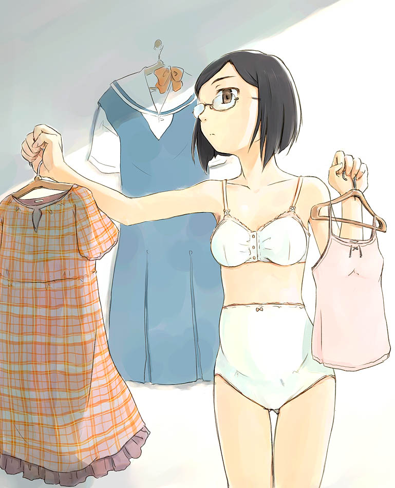 1girl black_hair bob_cut bra breasts brown_eyes camisole checkered_clothes checkered_dress clothes_hanger dress dressing expressionless frilled_dress frills front-hook_bra glasses gluteal_fold holding holding_clothes_hanger holding_unworn_clothes maternity_underwear medium_breasts panties pink_camisole pregnant red_ribbon ribbon sailor_collar school_uniform semi-rimless_eyewear serafuku short_hair short_sleeves solo standing underwear underwear_only white_bra white_panties youshun