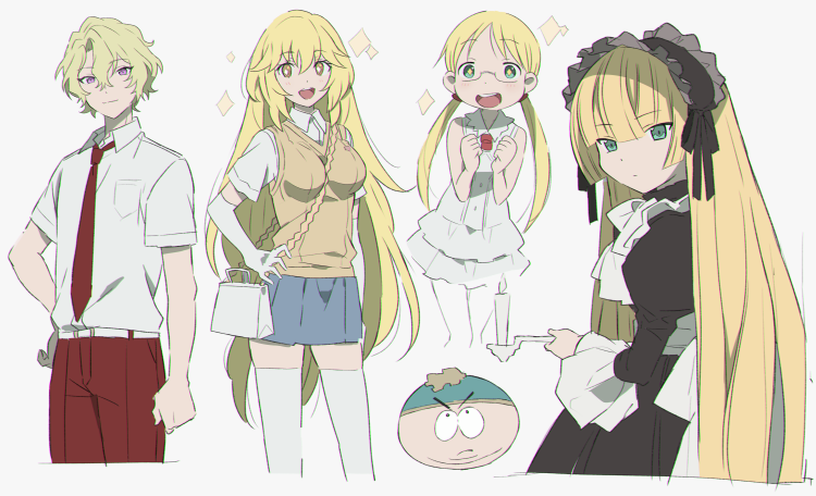 2boys 3girls apron arm_at_side blonde_hair blue_hat brown_sweater_vest clenched_hands color_connection ensemble_stars! eric_cartman glasses gosick green_eyes hair_between_eyes hair_color_connection hand_on_own_hip hat hidakarumen holding juliet_sleeves long_hair long_sleeves made_in_abyss maid_headdress multiple_boys multiple_girls pants puffy_sleeves red_pants riko_(made_in_abyss) shokuhou_misaki south_park sweater_vest thighhighs toaru_kagaku_no_mental_out toaru_kagaku_no_railgun toaru_majutsu_no_index tomoe_hiyori twintails very_long_hair victorica_de_blois white_apron white_thighhighs