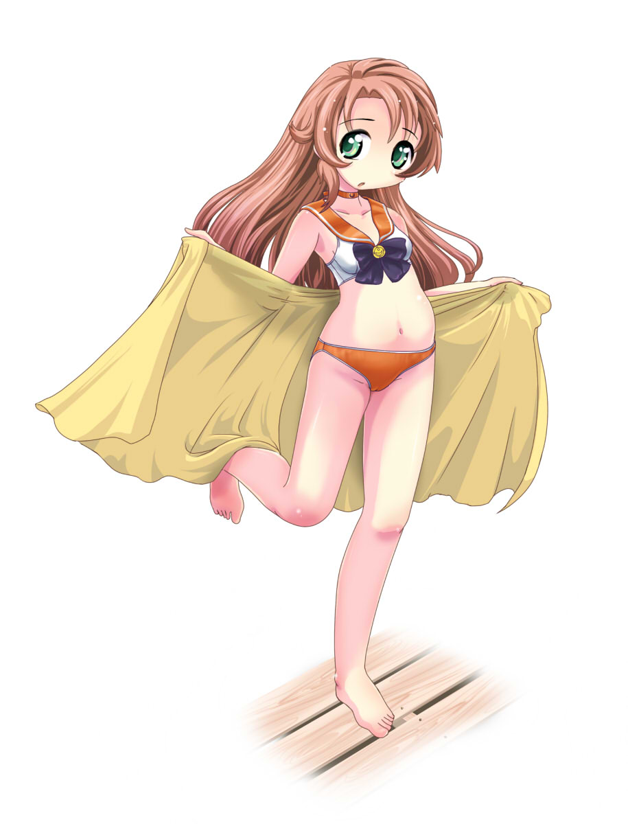 1girl adapted_costume bishoujo_senshi_sailor_moon bra brown_hair child choker cosplay female_focus green_eyes highres koshigaya_komari kuro_train long_hair midriff non_non_biyori panties sailor_collar sailor_moon_narikiri_bra_set sailor_venus sailor_venus_(cosplay) solo stomach towel underwear underwear_only