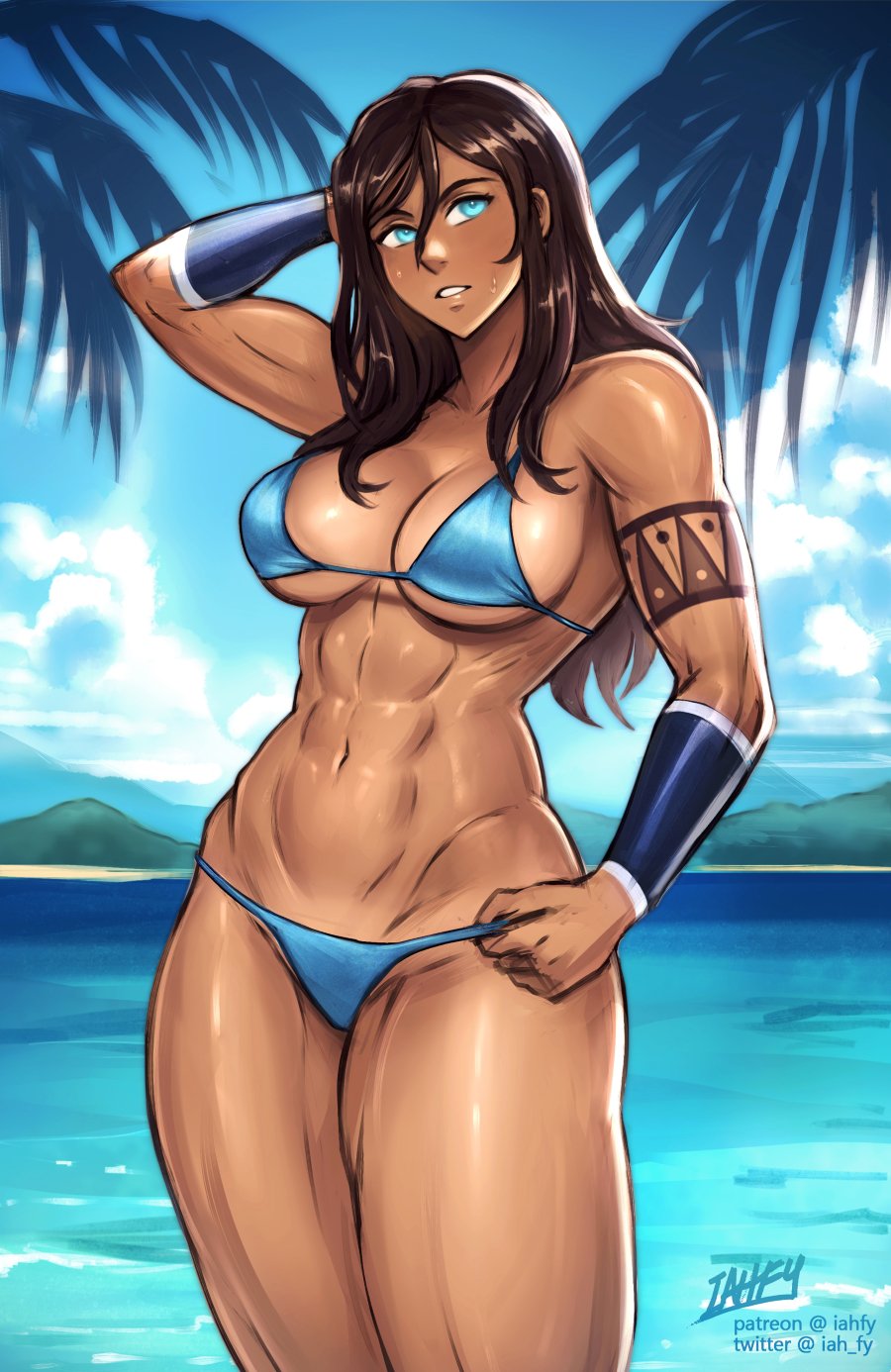 1girl abs adjusting_clothes adjusting_swimsuit arm_tattoo avatar_legends beach biceps bikini blue_bikini blue_eyes bracer breasts brown_hair dark-skinned_female dark_skin highres iahfy korra muscular muscular_female navel solo stomach sweat swimsuit tattoo the_legend_of_korra thighs