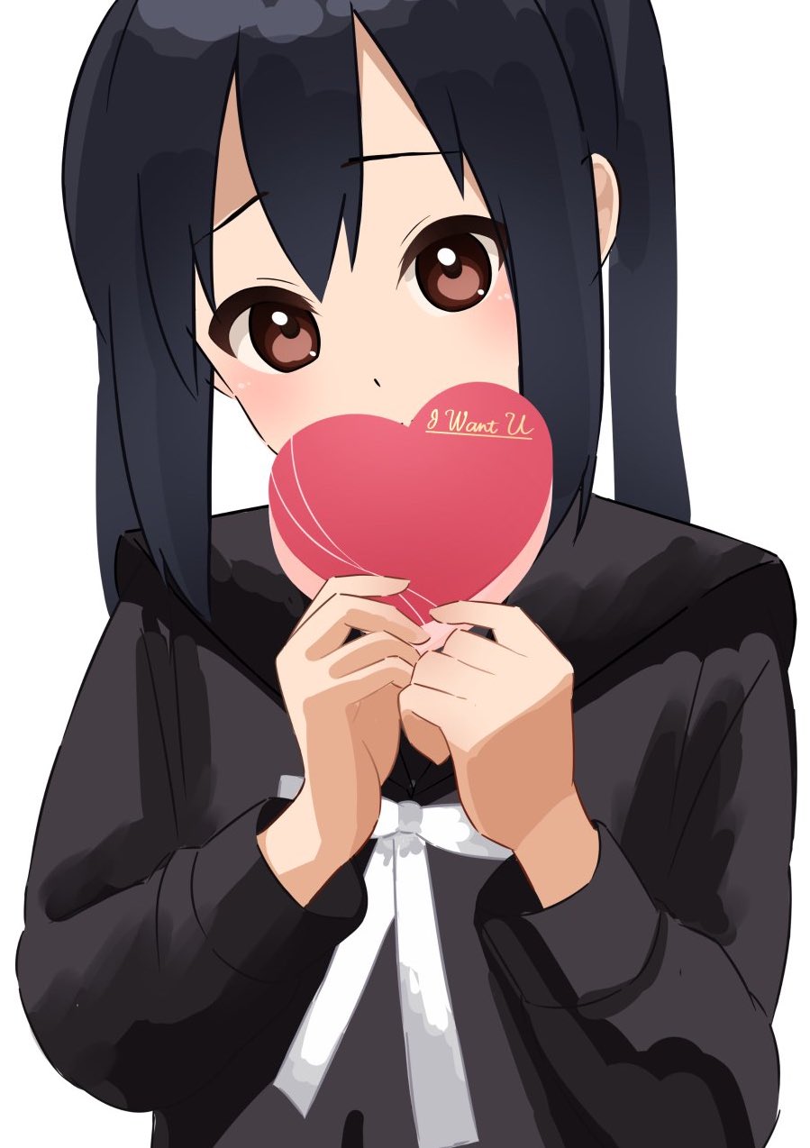 1girl black_hair brown_eyes dot_nose english_text feet_out_of_frame female_focus hair_between_eyes heart holding k-on! kkkw3dayo long_hair long_sleeves looking_at_viewer nakano_azusa sailor_collar school_uniform simple_background solo standing valentine white_background