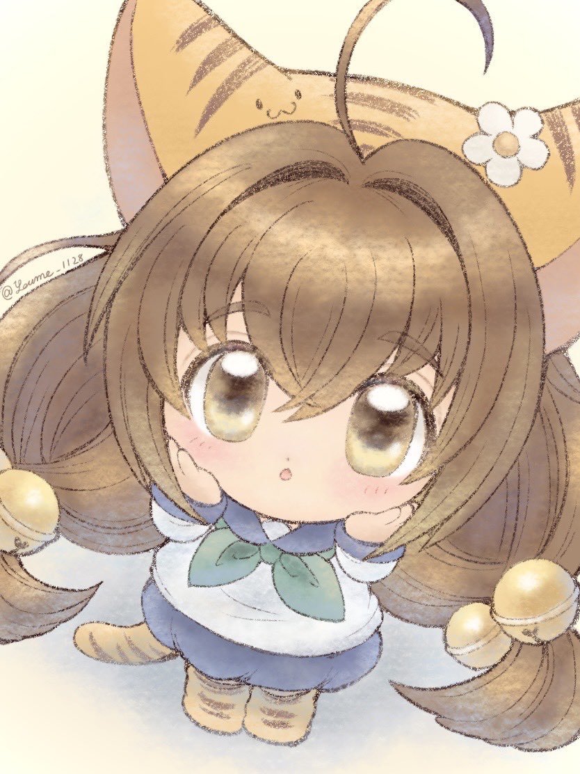 1girl animal_ears animal_print bell blush brown_hair chibi chibi_only daisy di_gi_charat flower hair_bell hair_between_eyes hair_ornament hands_on_own_face long_hair long_sleeves looking_at_viewer puchiko suruga_kanade tail tiger_ears tiger_girl tiger_print tiger_tail twintails yellow_eyes