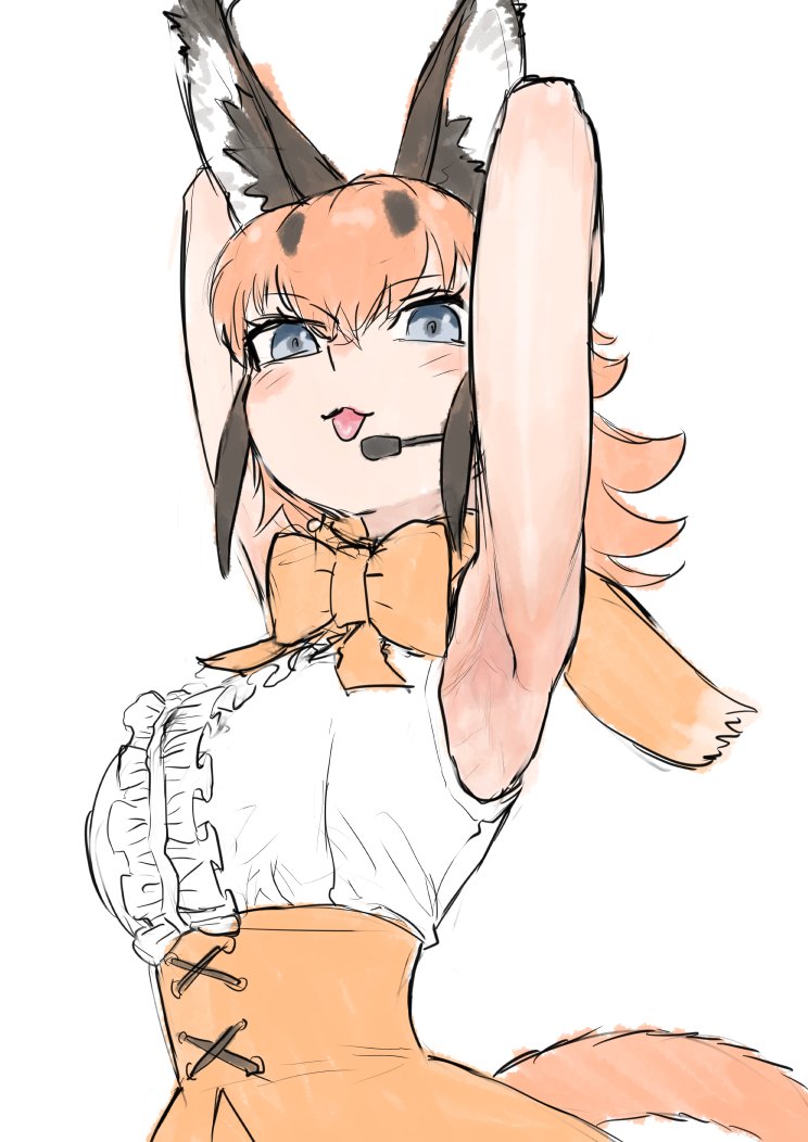 1girl animal_ears armpits arms_up bare_shoulders blue_eyes bow bowtie caracal_(kemono_friends) cat_ears cat_girl extra_ears kemono_friends kemono_friends_v_project kishida_shiki long_hair looking_at_viewer microphone orange_hair shirt simple_background skirt sleeveless sleeveless_shirt solo tongue virtual_youtuber