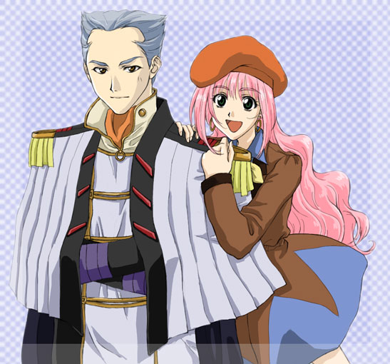 1990s_(style) 1boy 1girl aged_up beret couple earrings grey_hair hat hetero hoop_earrings hug jewelry kizaki_gamlin long_hair macross macross_7 military military_uniform mylene_jenius nesta pink_hair retro_artstyle u.n._spacy